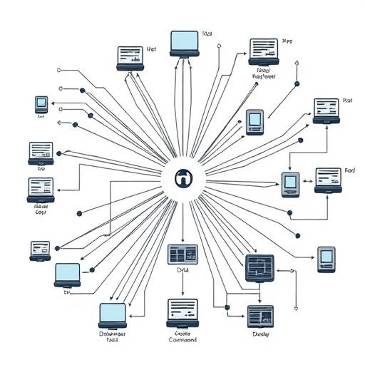 A network diagram illustrating interconnected devices and data flow within a complex network environment.